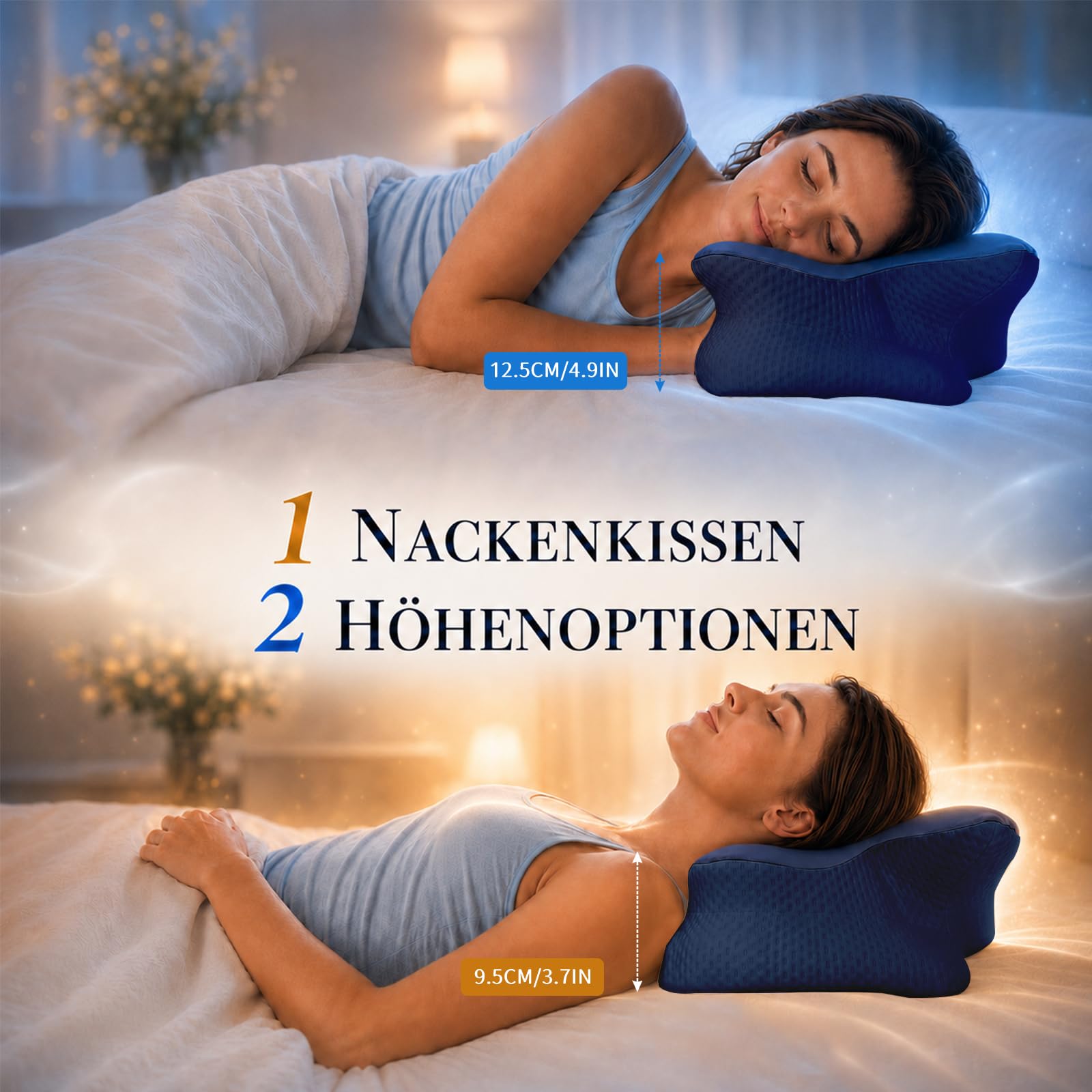 Ergonomisches Kopfkissen - Zwei Höhen Seitenschläferkissen mit Kühlender Eisseide-Bezug, OEKO-TEX STANDARD 100 Memory Foam Nackenkissen für Seiten, Rücken & Bauchschläfer, Mitternachtsblau