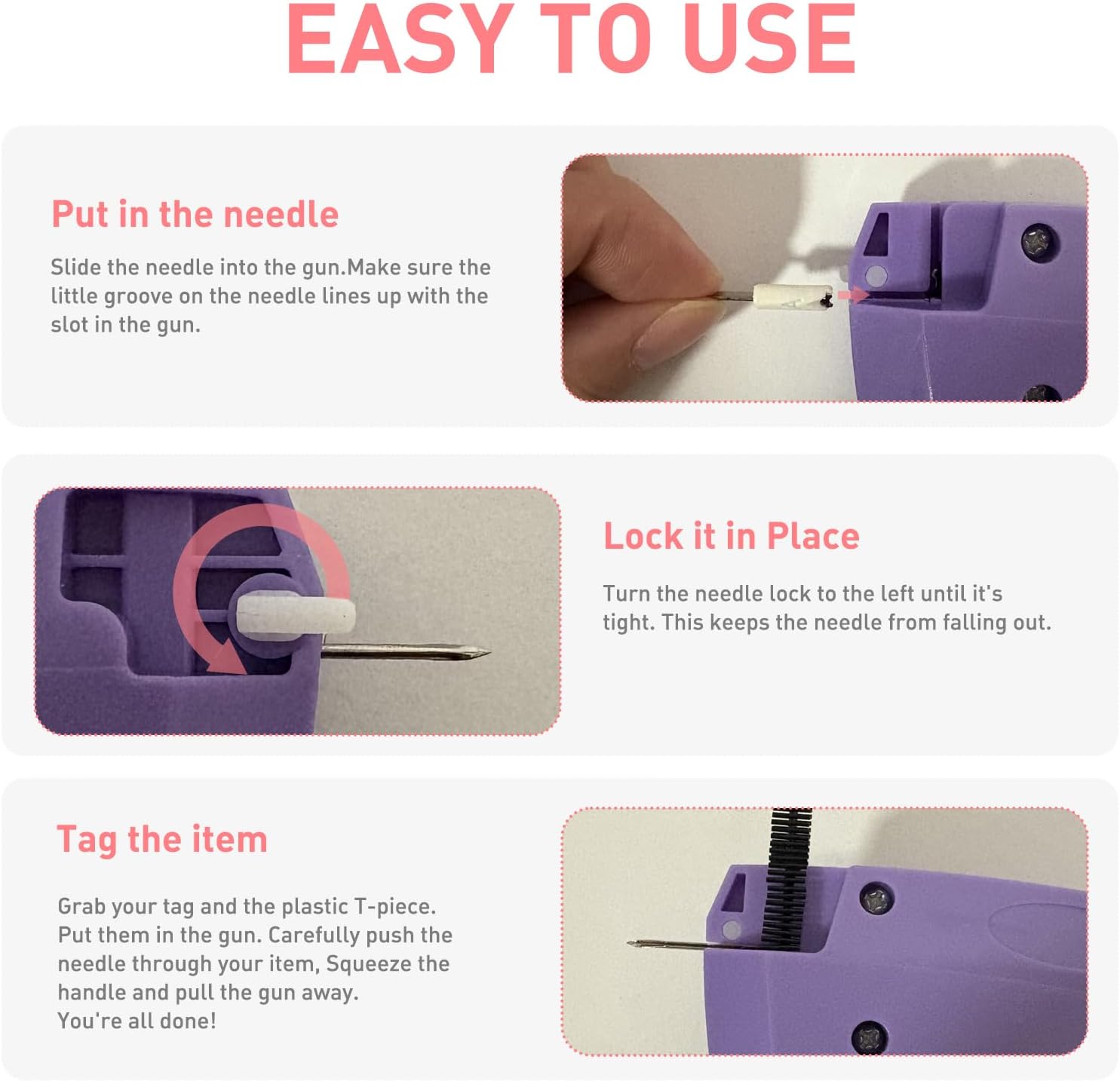 Stitchy Gun for Clothes, Stitchy Quick Clothing Fixer Tagging Gun Mini Stitch Gun for Clothes Quick Stitch Sewing Gun, Includes 6 Needle, 1000 Black Fasteners & 1000 White Fastener (Purple) - Image 4