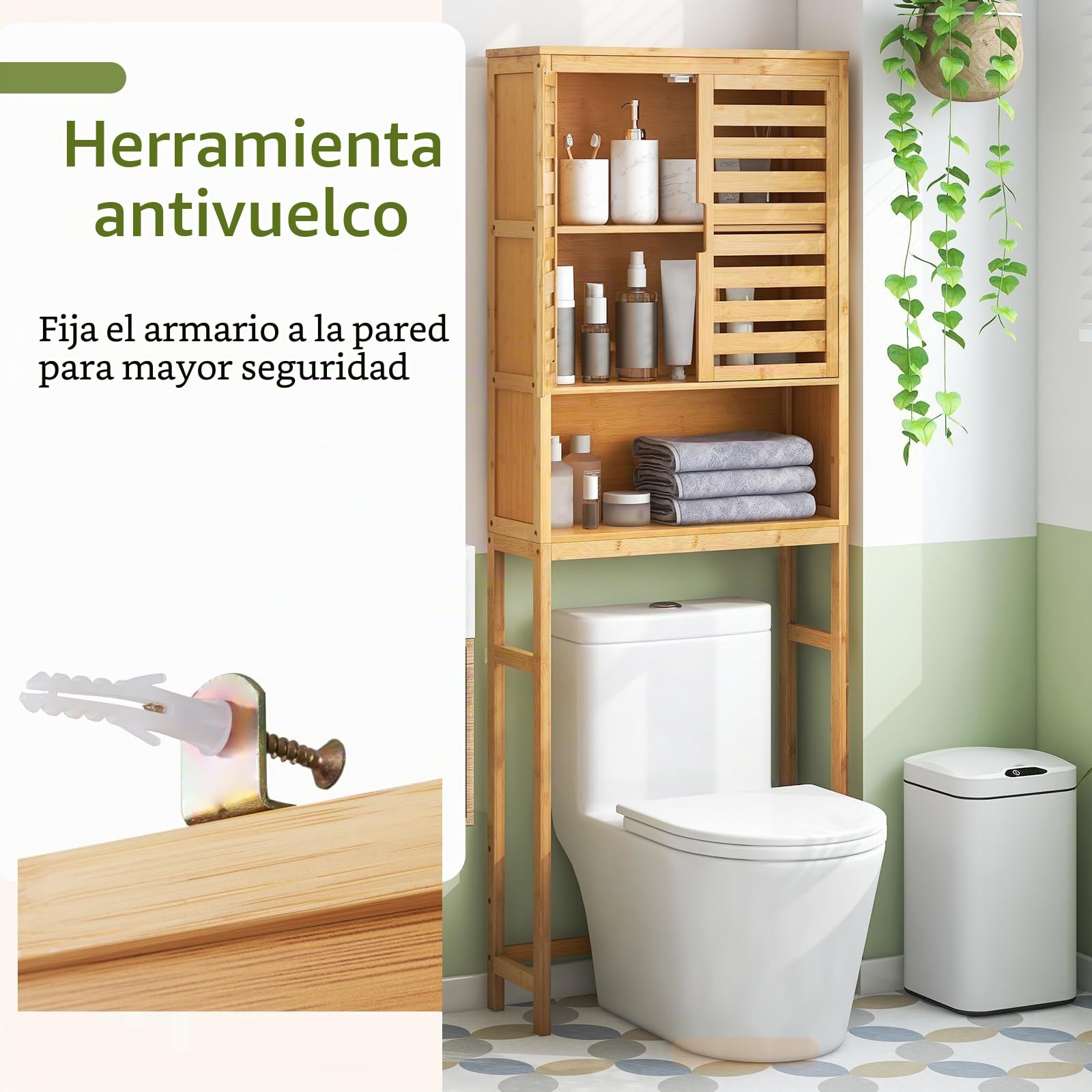 LIFEZEAL Estantería de Baño de Bambú, Armario Alto con 2 Puertas y Estante Abierto para Lavadora y Secadora