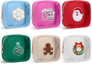 Sanwuta 6 Pcs Christmas Clear Cosmetic Bags Chenille Patch Gift Set | Transparent Makeup Pouches with Festive Patches, Holiday Present for Women, Stocking Stuffer Ready, Organizer Set