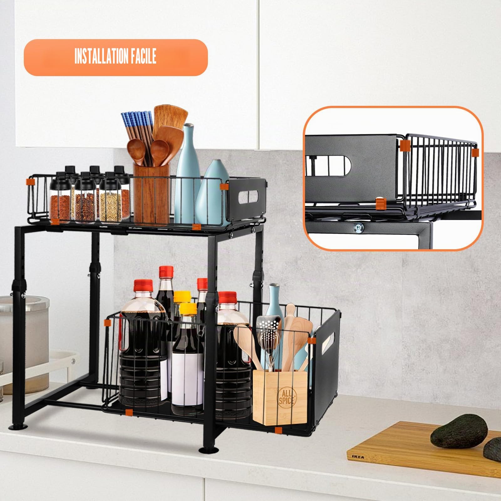 HUOLE Organisateur sous Evier Cuisine, Meuble De Rangement, Rangement Coulissant sous Evier Réglable en Hauteur, pour Cuisine Et Salle De Bain,29 x 38 x 49 cm (Noir)