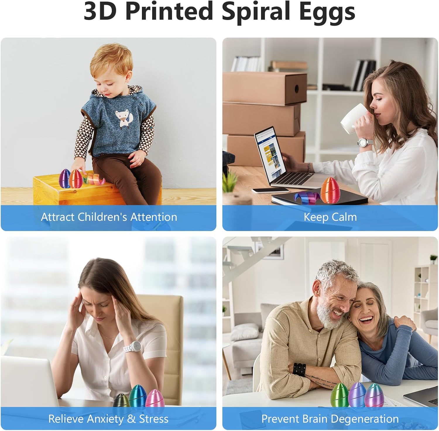 3D Printed Spiral Anxiety Relief Egg, 4PCS Unique Sensory Fidget Toys Pass Through Eggs for Adults Relieve Stress Easter Basket Stuffers Party Favors Gifts - Dark Color