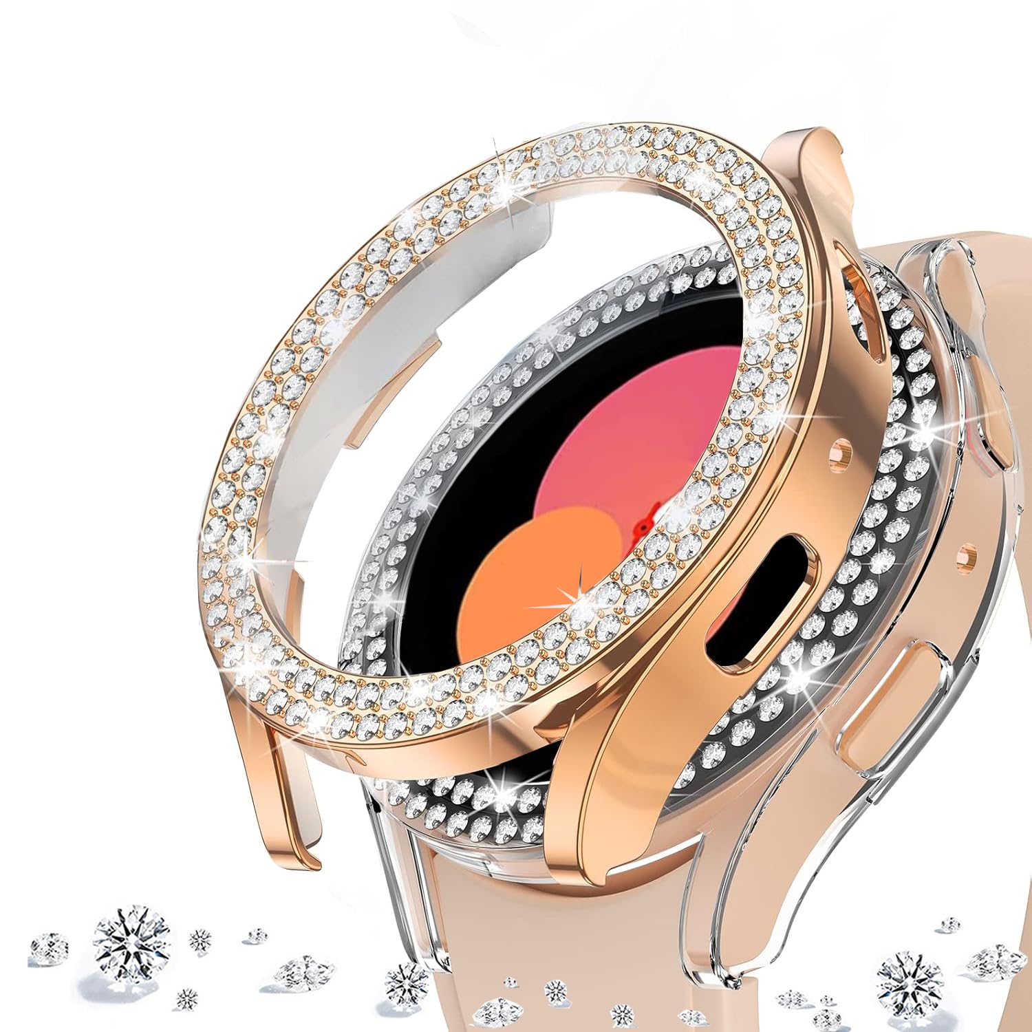 DEALELE [2-PACK] Case Compatible with Samsung Galaxy Watch FE / 5/4 40mm, Bling Double-row Diamond PC Protective Case Protector Cover, 40mm, Rose gold + Transparent