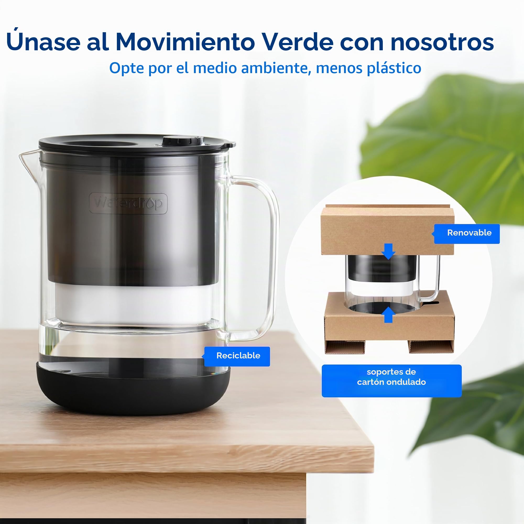Waterdrop Jarra de Filtro de Agua de Cristal, Jarra de Filtro de Agua de 2,5 L con Filtro de 2 Meses, Certificado NSF 53&42&372, Reduce PFOA/PFOS, Cloro, Cadmio, Cobre, Mercurio, WD-PT-72B