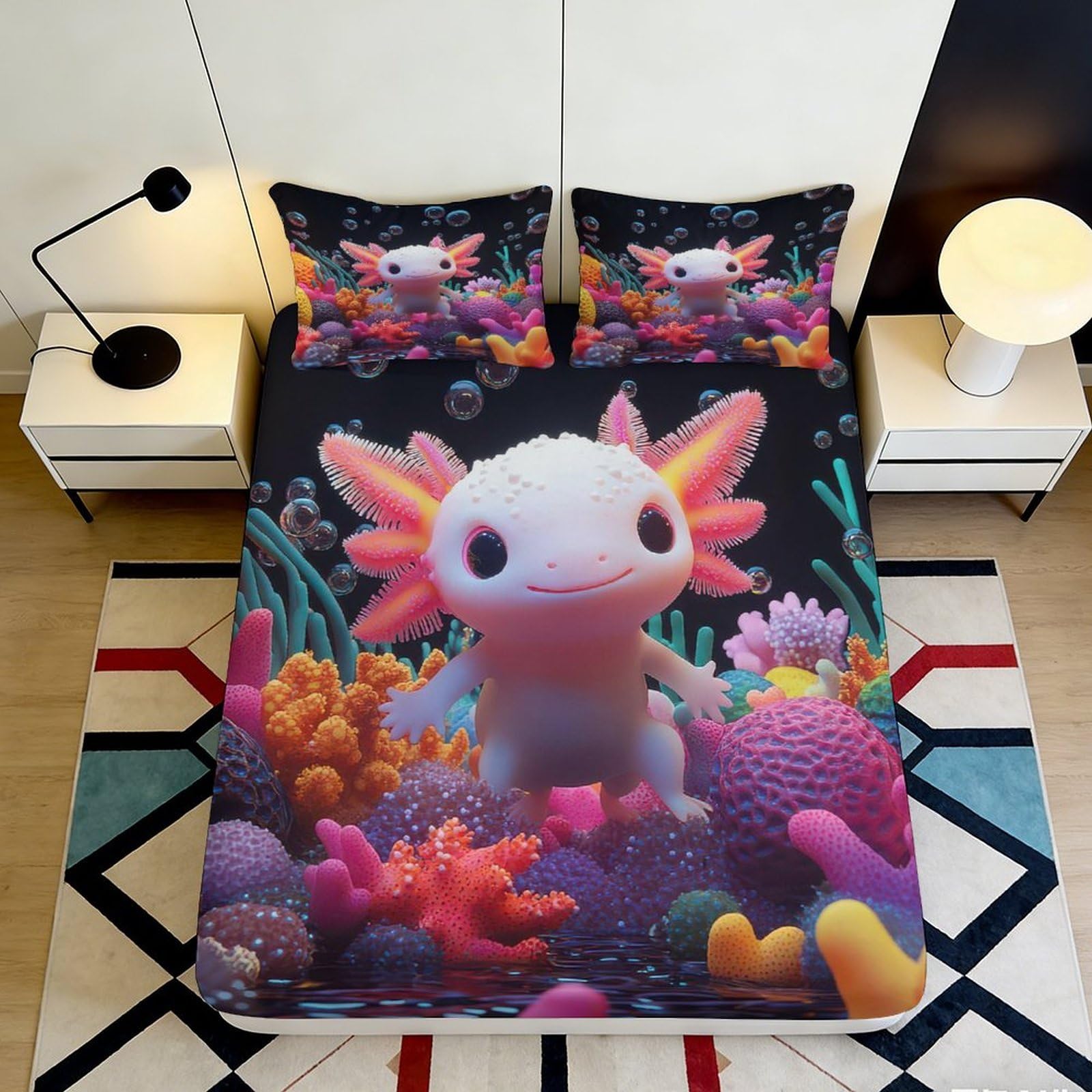3D Printed Axolotl Coral Reef Fitted Sheet Microfiber Soft Breathable Underwater Bed Cover for Bedroom Dorm Decor 90x200x25cm