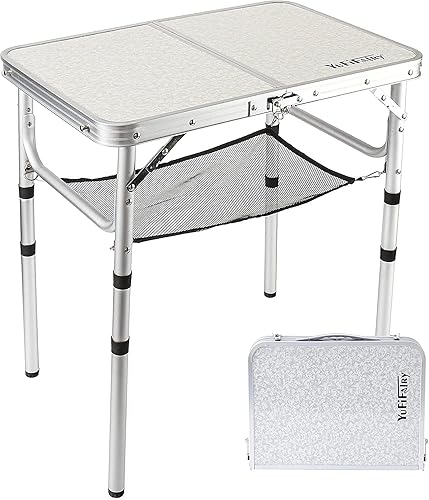 Mesa plegable pequeña de 2 pies, mesa de campamento portátil con soportes de malla, altura ajustable de aluminio ligero, con asa de transporte para