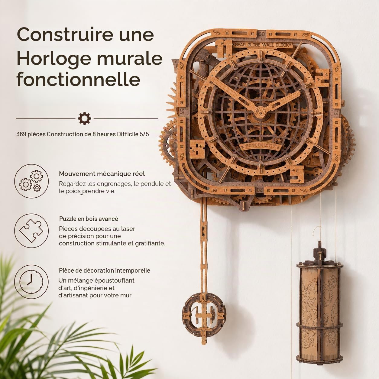 WOODEN.CITY Puzzle en bois 3D – Horloge murale en forme de globe | Kit de construction en bois pour adultes | 369 pièces | Horloge mécanique puzzle 3D | Pas de colle nécessaire | Fabriqué dans l'UE