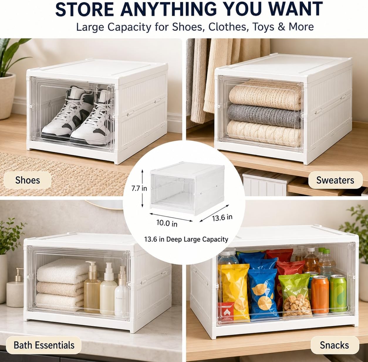 Clear Shoe Boxes Stackable, 3-Second Setup Foldable Shoe Storage Organizer, Heavy Duty Plastic Drop Front Shoe Bins for Closet Organizers and Storage, Fits US Size 13 Sneakers & Sweaters