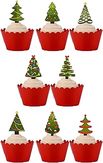 30 Stand Up Christmas Xmas Tree Themed Edible Wafer paper Cake Toppers Decorations