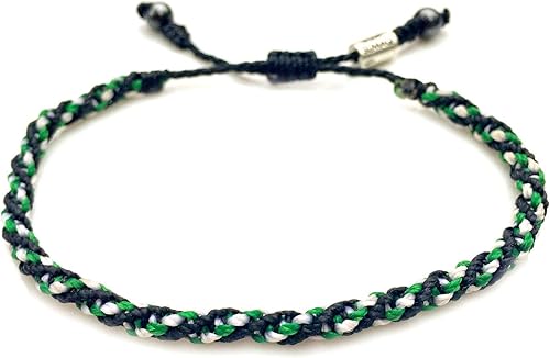 Woven Adjustable Knot Sailor Rope Bracelet Black Green White Wax Cord for Men and Women 6-7.25 Inch Wrist
