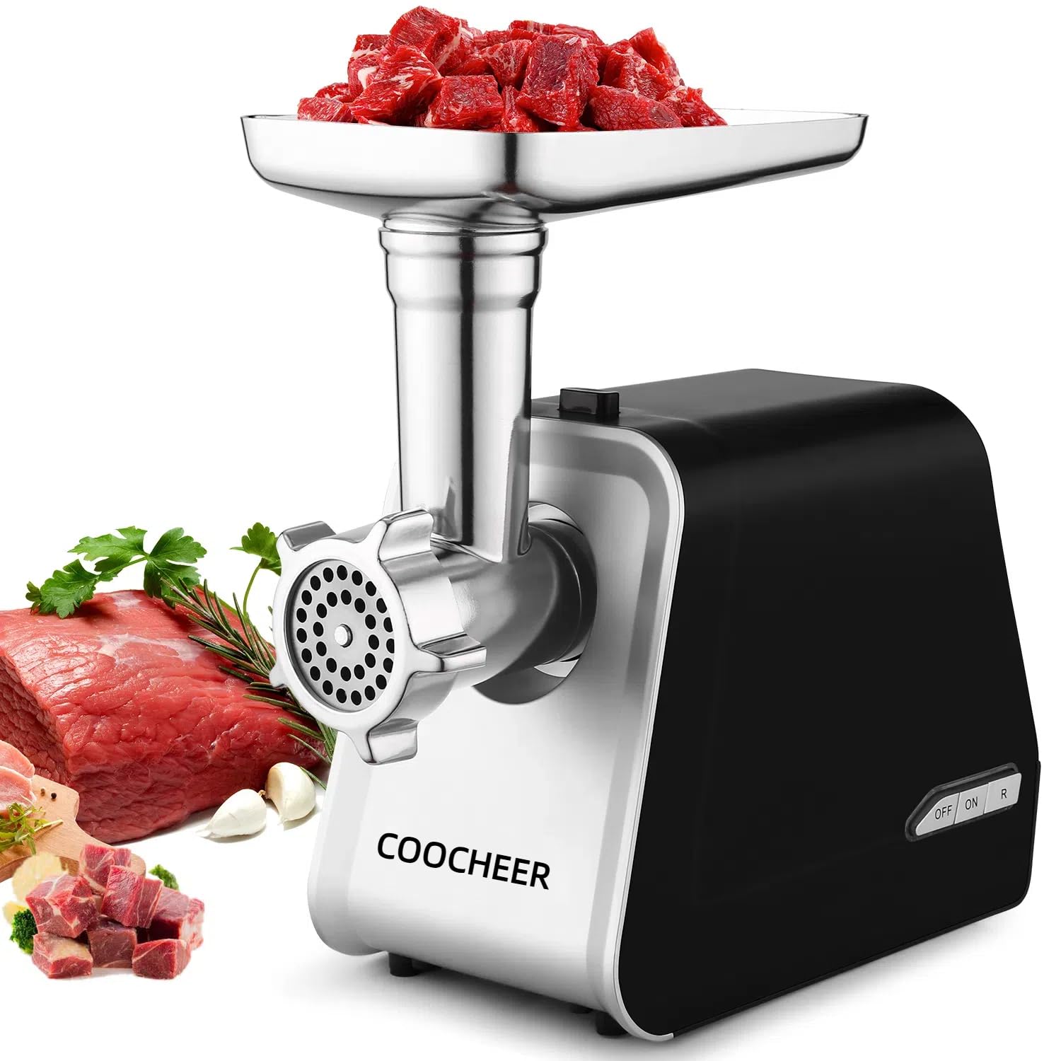 COOCHEER Hachoir à Viande Électrique 2000W, Multifonction avec 3 Disques de Broyage, Accessoire à Saucisses, Accessoire pour Viande, Légumes, Pâtisserie