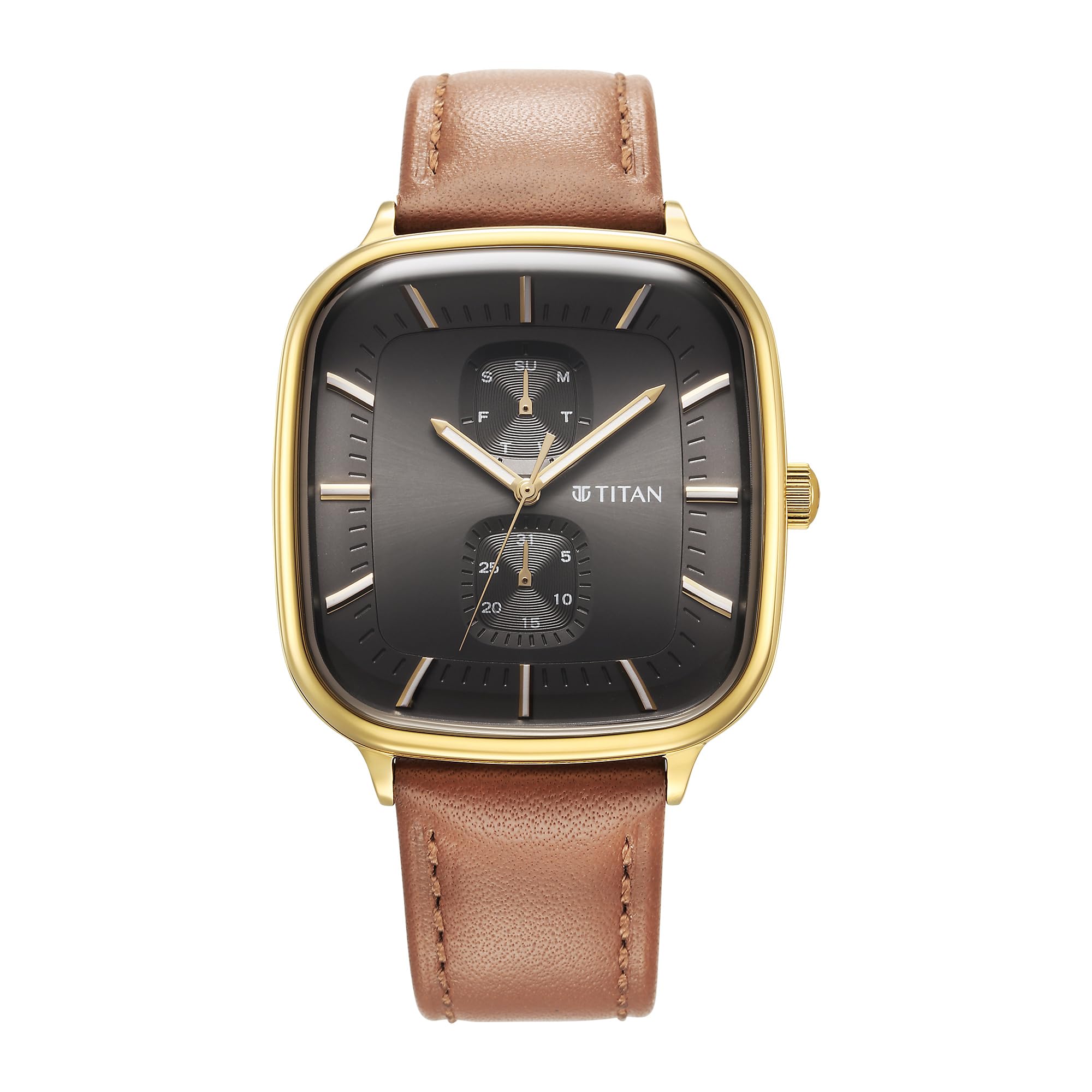 Titan Avant Garde Quartz Multifunction Anthracite Dial Brown Leather Strap Watch for Men - NT90178YL01
