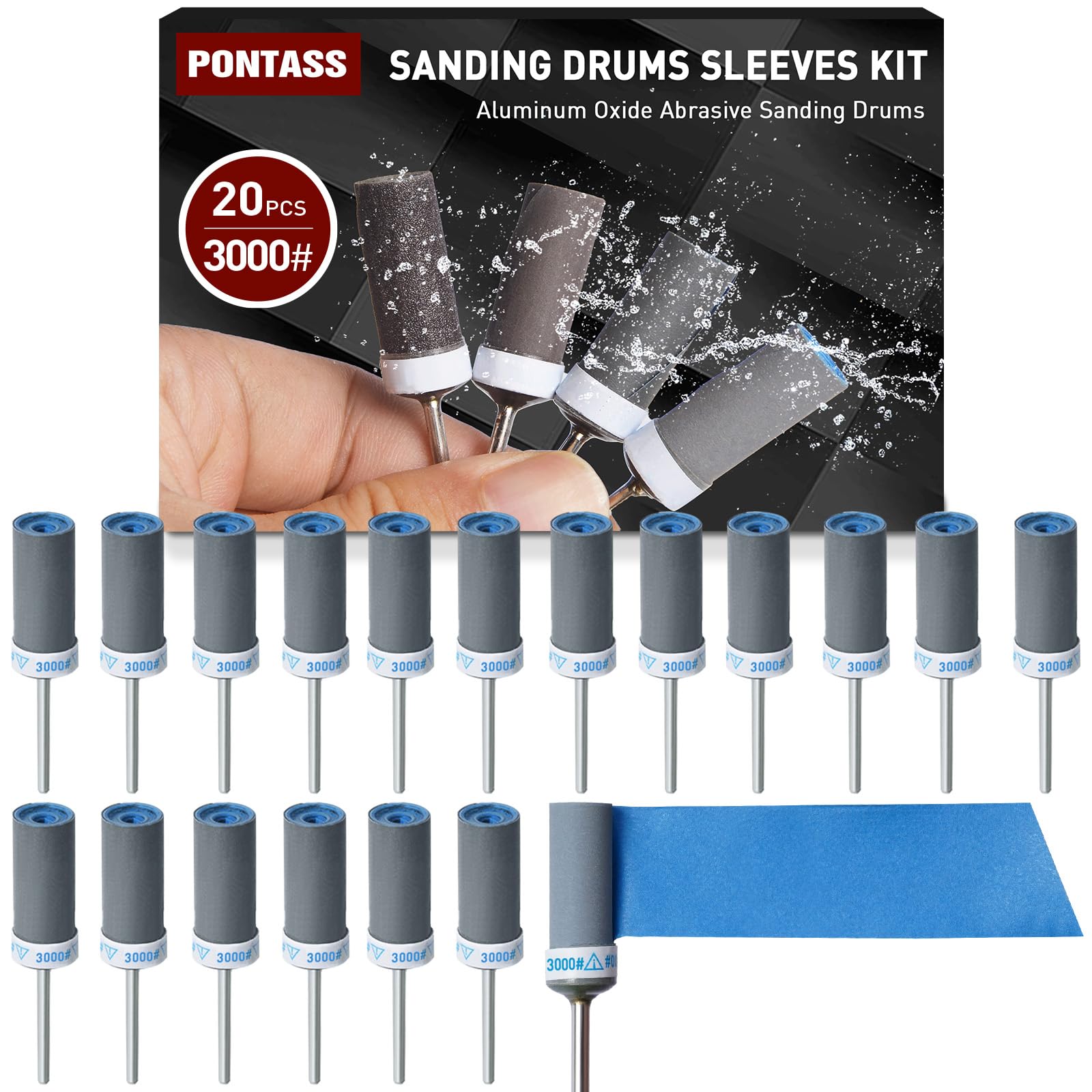 20 Piezas Tambores de Lijado Kit para Dremel Accesorios, 3000 Granos Mangas de Lijado con Vástago 3 mm Cilindros de Lijado, Mangas de Lijado de Tambor Utilizado para lijar, Pulir y Desoxidar Metales