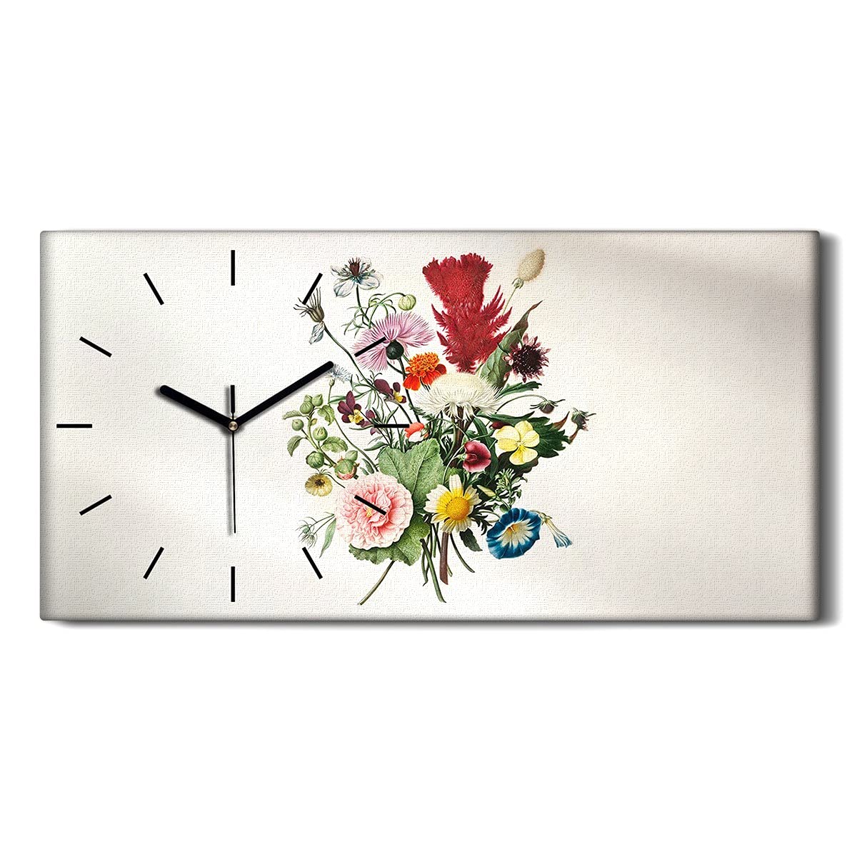 Horloge sur toile avec mains noires et motif fleurs de style art moderne