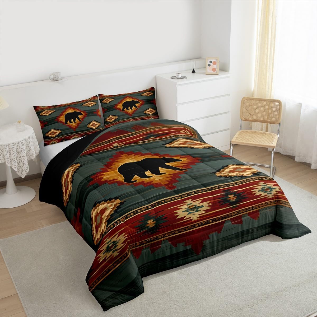 Feelyou Bear Comforter Set Queen Size Wildlife Hunting Bedding Set for Kids Boys Girls Southwestern Duvet Quilt Tribal Exotic Bedroom Decor Microfiber 3 Pcs with 2 Pillow Cases
