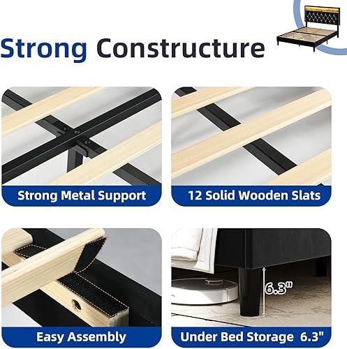 Miniatura 7 de HOMBCK Full Size Bed Frame with LED Lights, Velvet Upholstered Bed Frame Full with Charging Station and Storage Headboard, Modern Diamond and Rivet