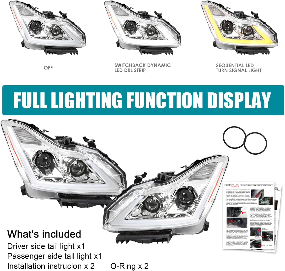 SPEC-D TUNING Chrome Projector Headlights w/LED Sequential Turn Signal and Startup Animation Compatible with 2008-2015 Infiniti G37, Q60 2DR Coupe, Left + Right Pair Headlamp Assembly