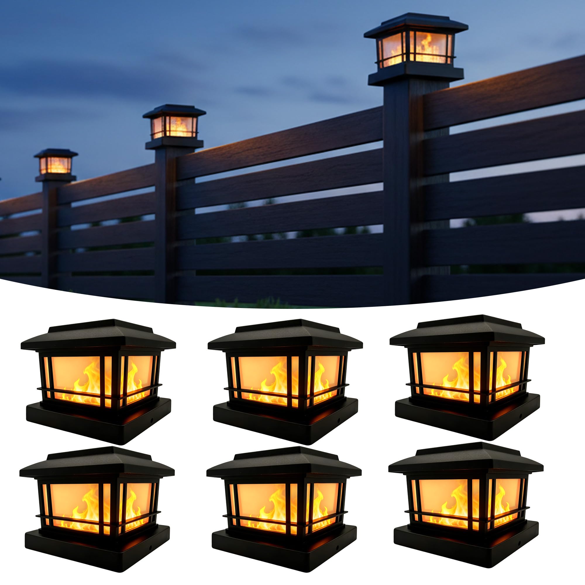 6 Pack Solar Flame Post Lights Outdoor, Solar Powered Fence Post Cap Lights, High Brightness Flickering Flame SMD LED Lighting Decor for Garden Deck Patio, 4x4, 5x5 or 6x6 Vinyl/Wooden Posts