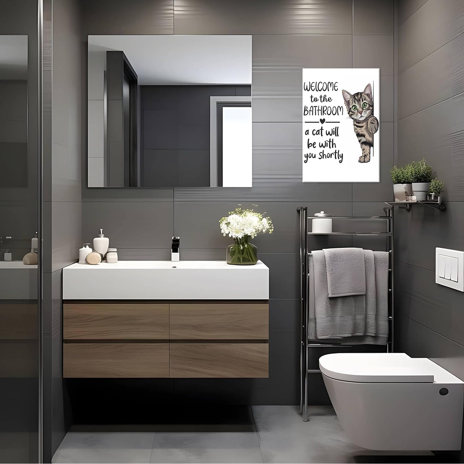 HNNXAR Funny Cat Bathroom Wall Art,Welcome To The Bathroom A Cat Will Be With You Shortly Paintings Posters,Black and White Funny Animal Canvas Pictures Prints Wall Decor 16x24in Framed