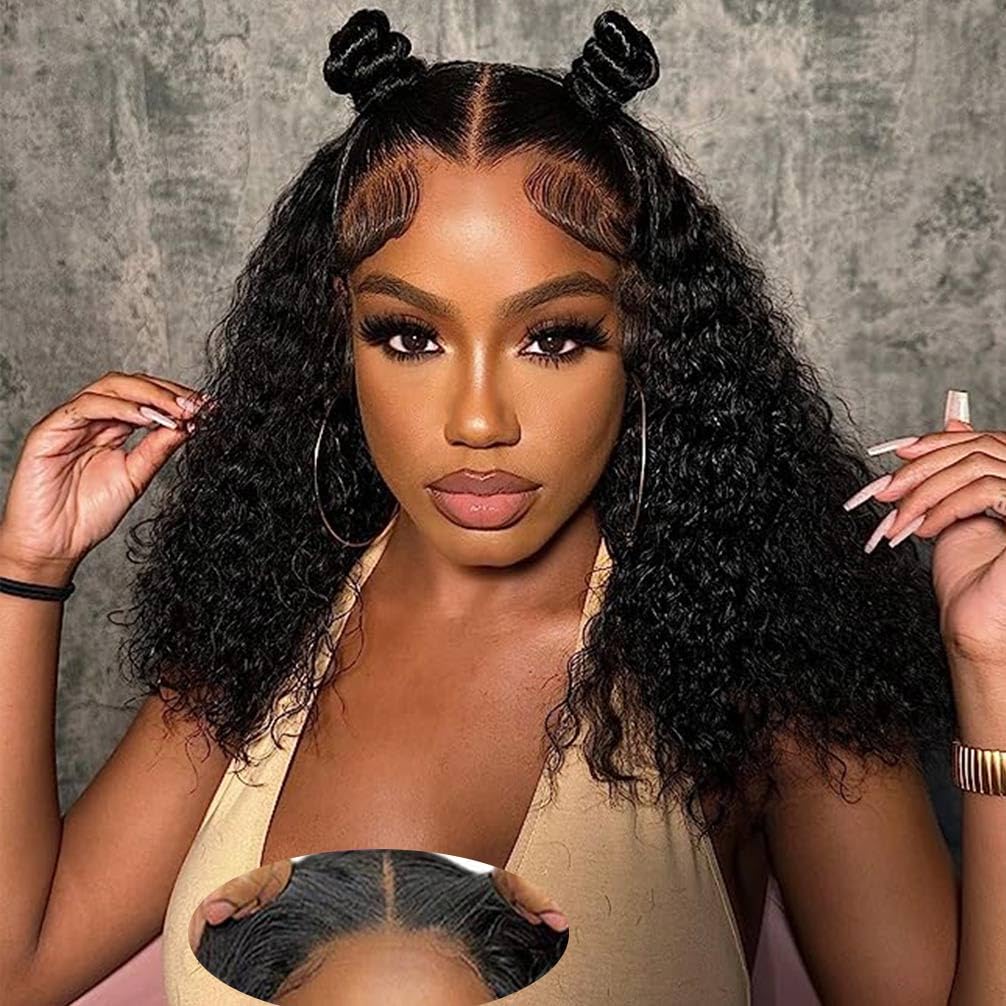 Wear and Go Glueless Wigs Human Hair Pre Plucked Pre Cut 4x4 Lace Front Wigs for Black Women Glueless Water Wave 180 Density Curly Bob Wig Human Hair for Beginners(16 Inch)