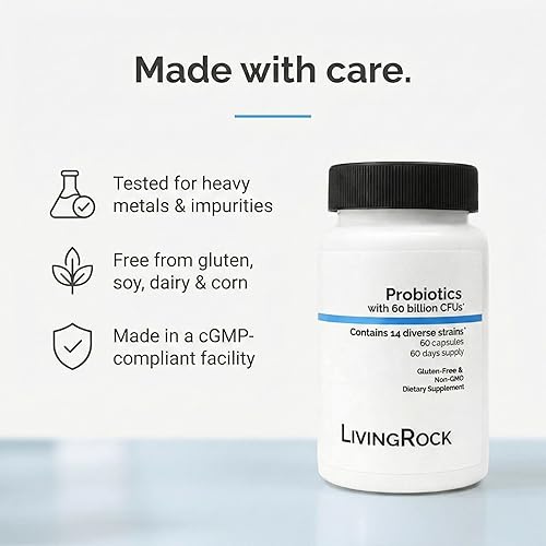 Miniatura 5 de LivingRock Probióticos 60 mil millones de UFC – 14 cepas diversas + fibra prebiótica (FOS) con zinc y vitamina D3 – Suplemento dietético sin gluten