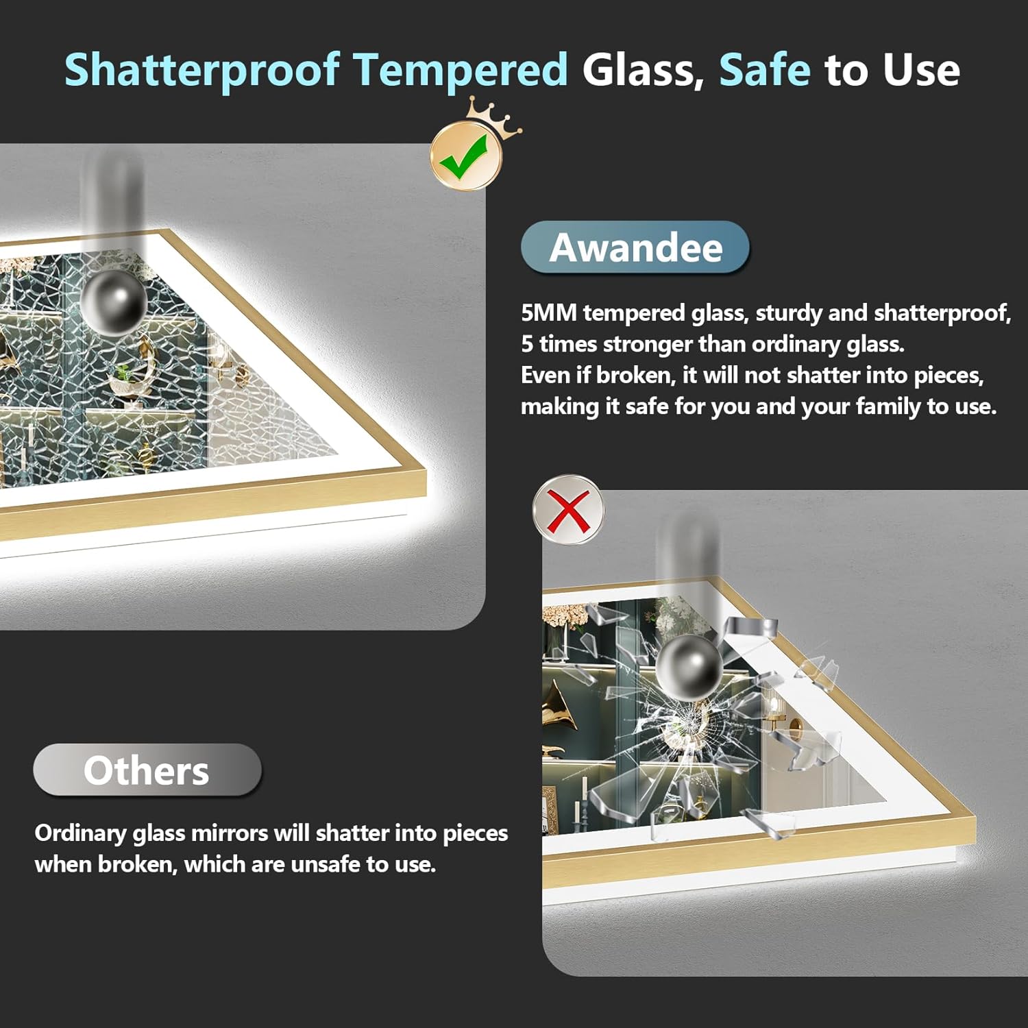 50x40 Gold LED Bathroom Mirror with Lights, Brushed Gold Framed Backlit and Front Lit Anti-Fog Lighted Vanity Mirrors for Bathroom Wall, Dimmable, 3 Colors, Memory, HD Tempered Glass, CRI＞90