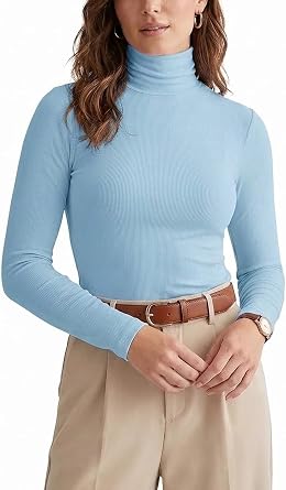 Zengjo Turtleneck Shirt Women-Ribbed Long Sleeve Tops Slim Fitted Base Layer Soft Stretch