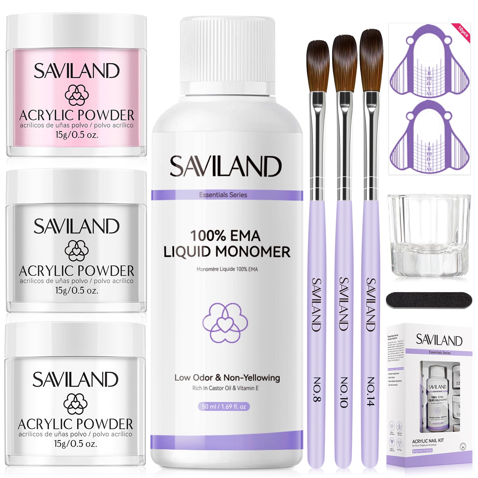 SAVILAND Acryl Nägel Starterset: Anfänger Acrylnagelset Gel Nägel Set mit Klarem Weiß Rosa Acrylpulver EMA Monomer Acryl Pinsel für Nagelverlängerung 3D Nagelkunst Home DIY Nägel Selber Machen