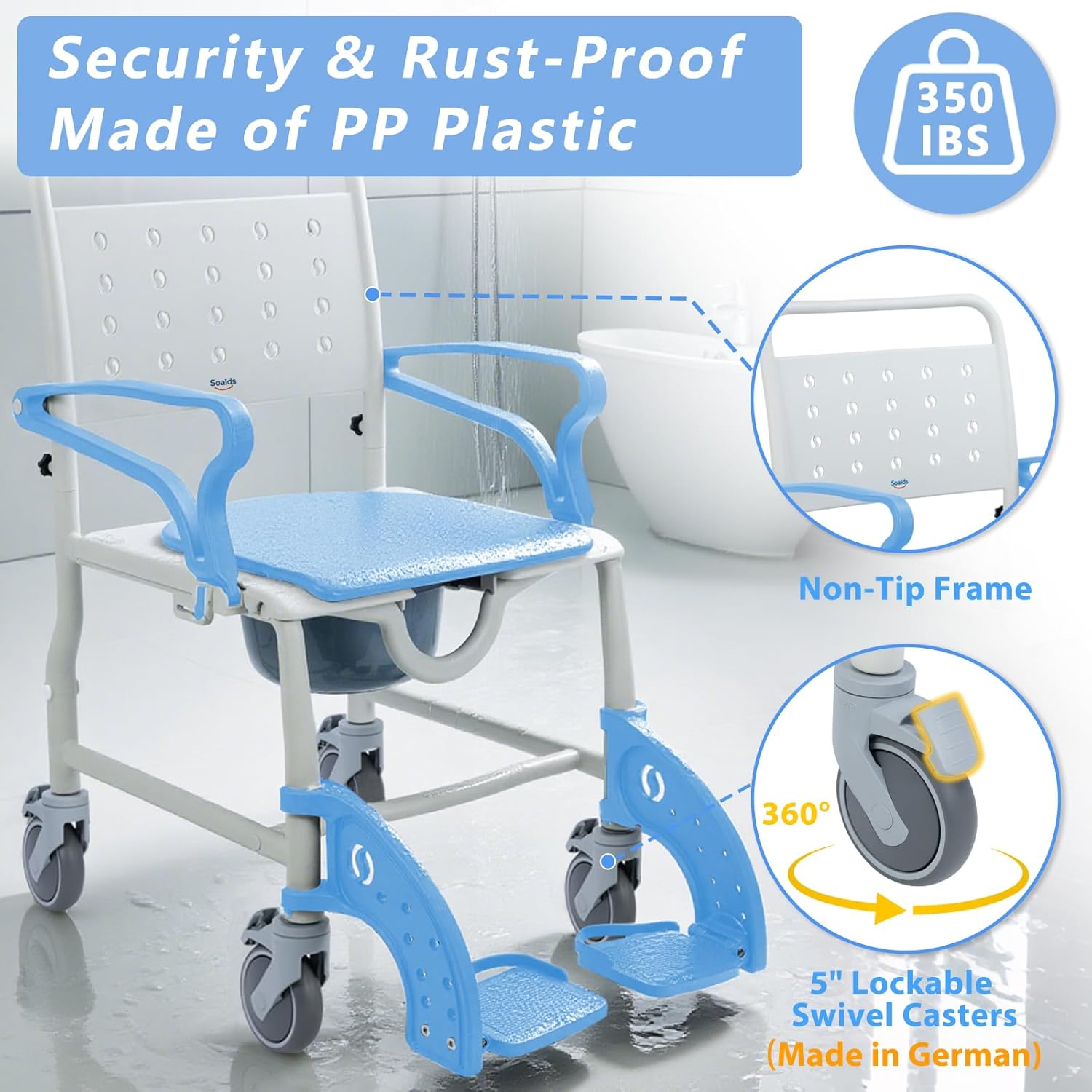 4-in-1 Shower Commode Chair with Wheels for Elderly & Disabled Adults, Padded Rolling Toilet Chair, Bedside Commode, Transport Wheelchair with Locking Caster for Bathroom, Home Care (Sky Blue)