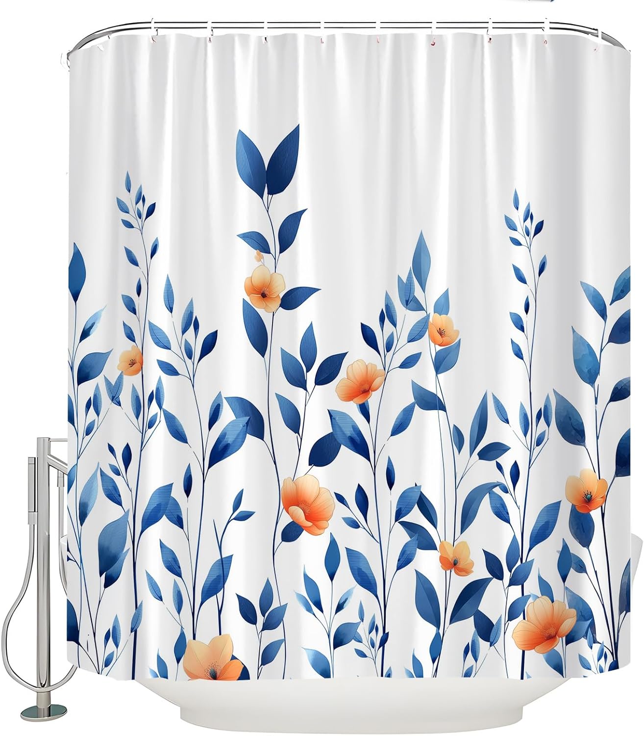Blue Orange Flower Leaf Shower Curtain Spring Watercolor Leaves Floral Eucalyptus Art Nature Rustic Plant Botanical Fabric Bathroom Curtain with Hook