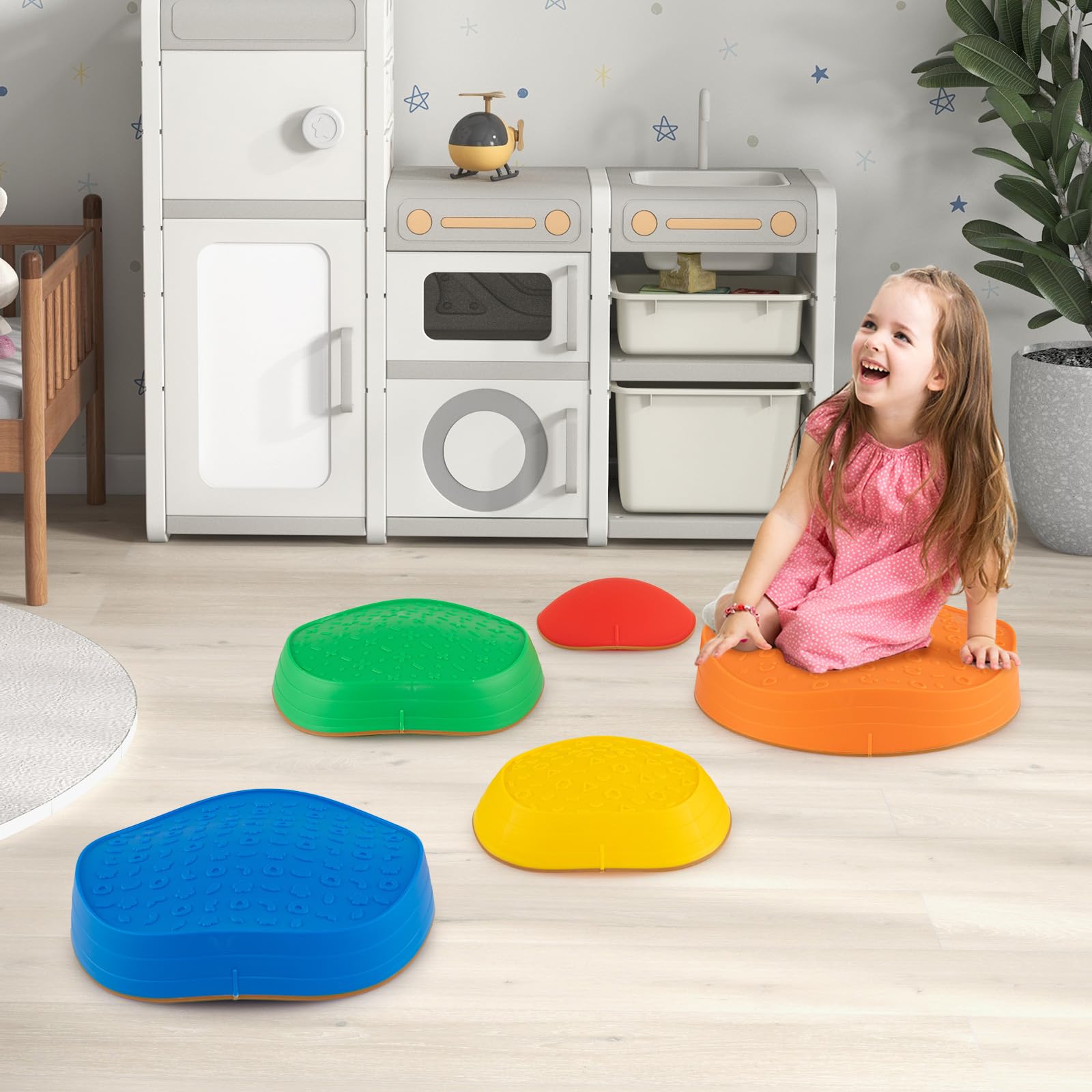 COSTWAY Pietre Equilibrio Bambini, Set di 5 Pietre di Bilanciamento Antiscivolo con Borsa per Trasporto per Abilità Motorie e Giochi di Coordinazione, Giocattoli Sensoriali per 3+ Anni