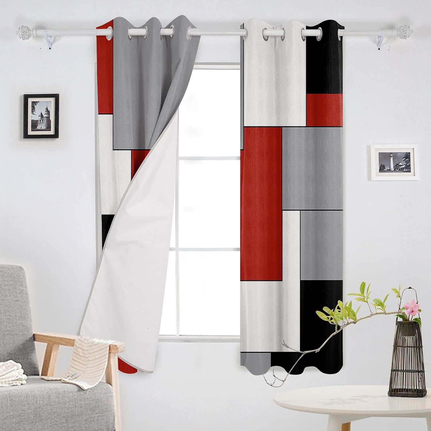 2 Panels Blackout Curtains for Bedroom, Thermal Insulated Darkening Curtains Drapes Grommet Window Treatment for Girl/Kid Bedroom, Red and Black Modern Color Block, 55x39