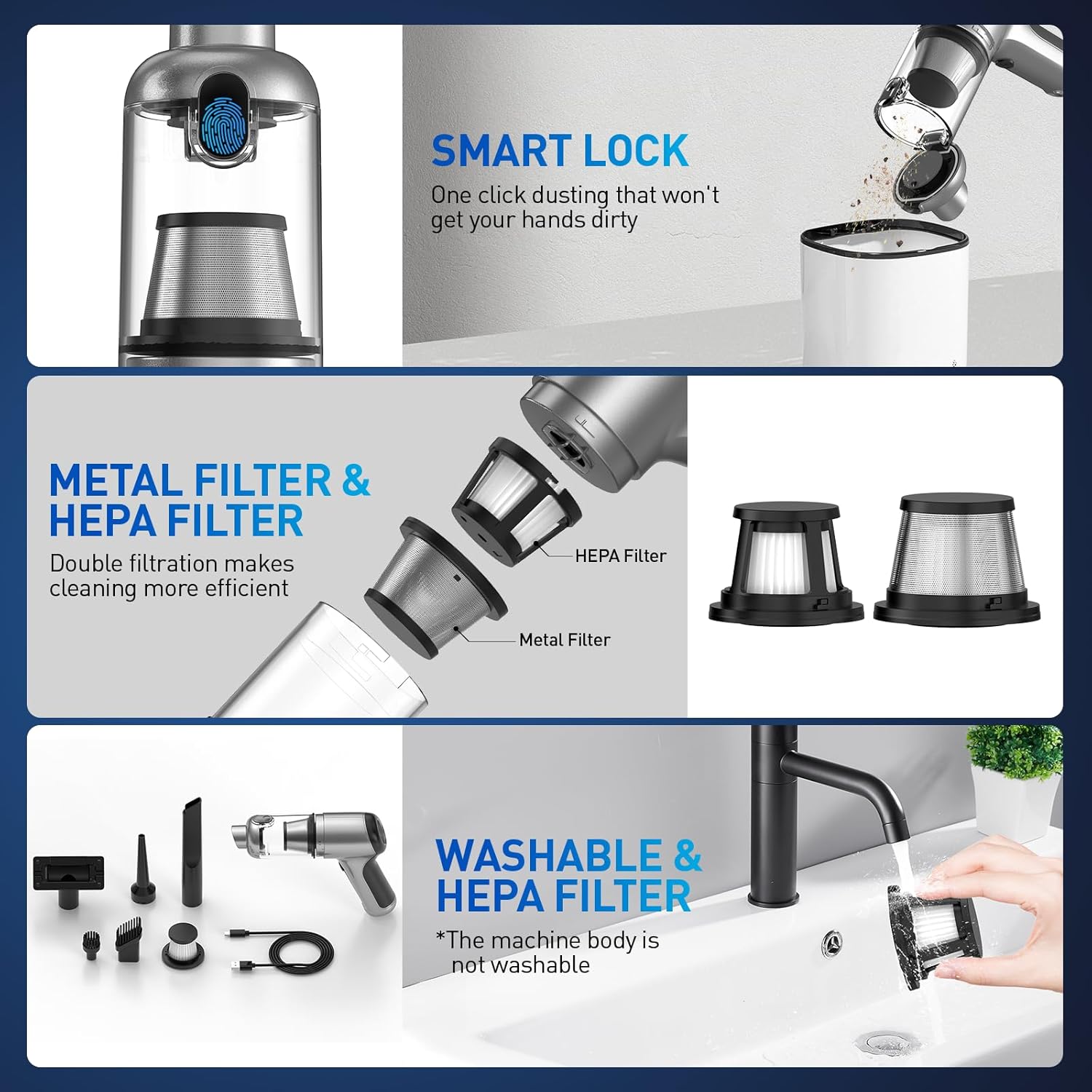 Handheld Car Vacuum Cleaner Cordless, 20000PA High Power Hand Held Vacuum Cordless Rechargeable, Portable Mini Vacuum & Air Duster with Brushless Motor and 2-Gear Modes for Car Home Office - Image 5