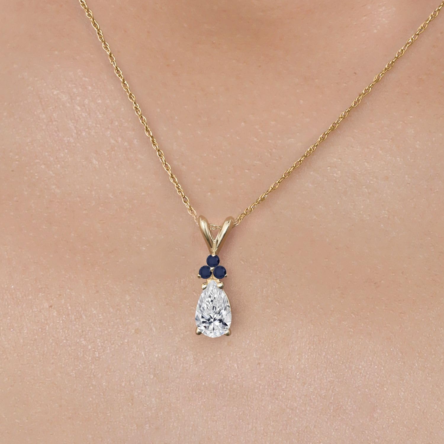 Gem Stone King 14K Yellow Gold Lab Grown Diamond and Blue Sapphire Pendant Necklace for Women | 0.82 Cttw | Gemstone April Birthstone | Pear Shape 8X5MM | With 18 Inch Chain - Image 3