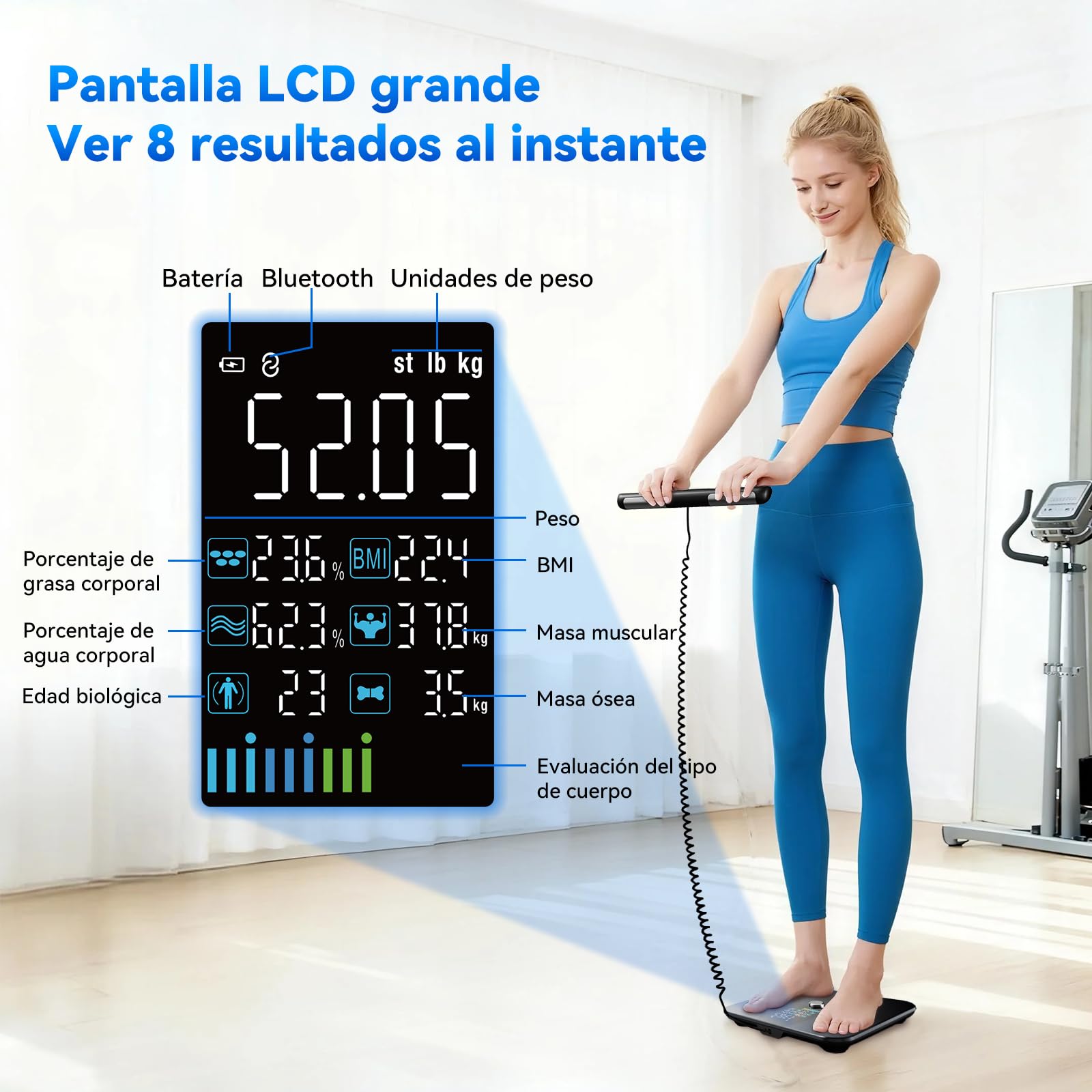 Lepulse Bascula Bioimpedancia 8 Electrodos, Digital Bascula Grasa Corporal y Muscular Recargable con Pantalla Grande, Precision Bascula de Baño Grasa Corporal Balanza Inteligente con 20 Mediciónes