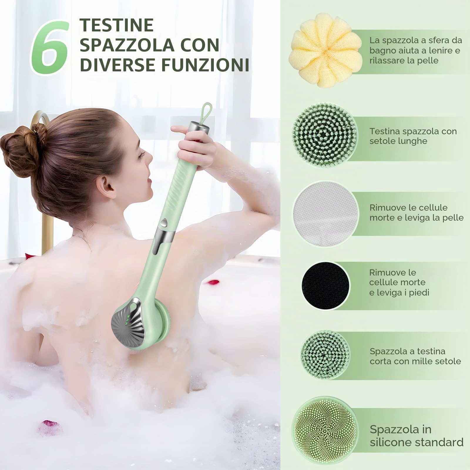 Spazzola Schiena Doccia Elettrica,Spazzola Doccia Elettrica Ip67,Con Manico Lungo,Rotazione 360°,6 Testine,3 Velocità,Spazzola Elettrica Corpo Per Esfoliante,Migliora La Circolazione,Anti Cellulite