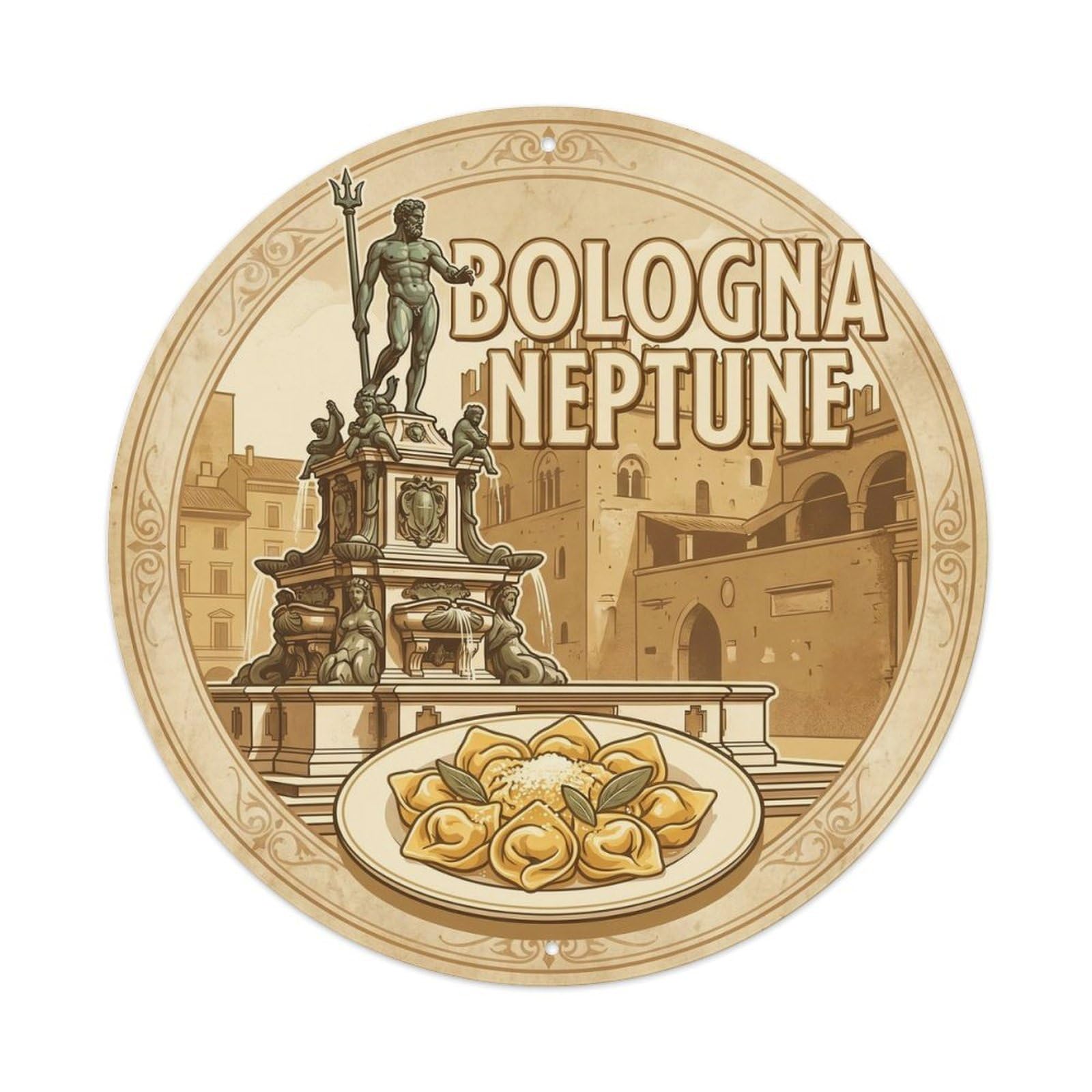 Olhnbad Style Bologna Cuisine Neptune Fountain Tortelloni Travel Metal Tin Sign