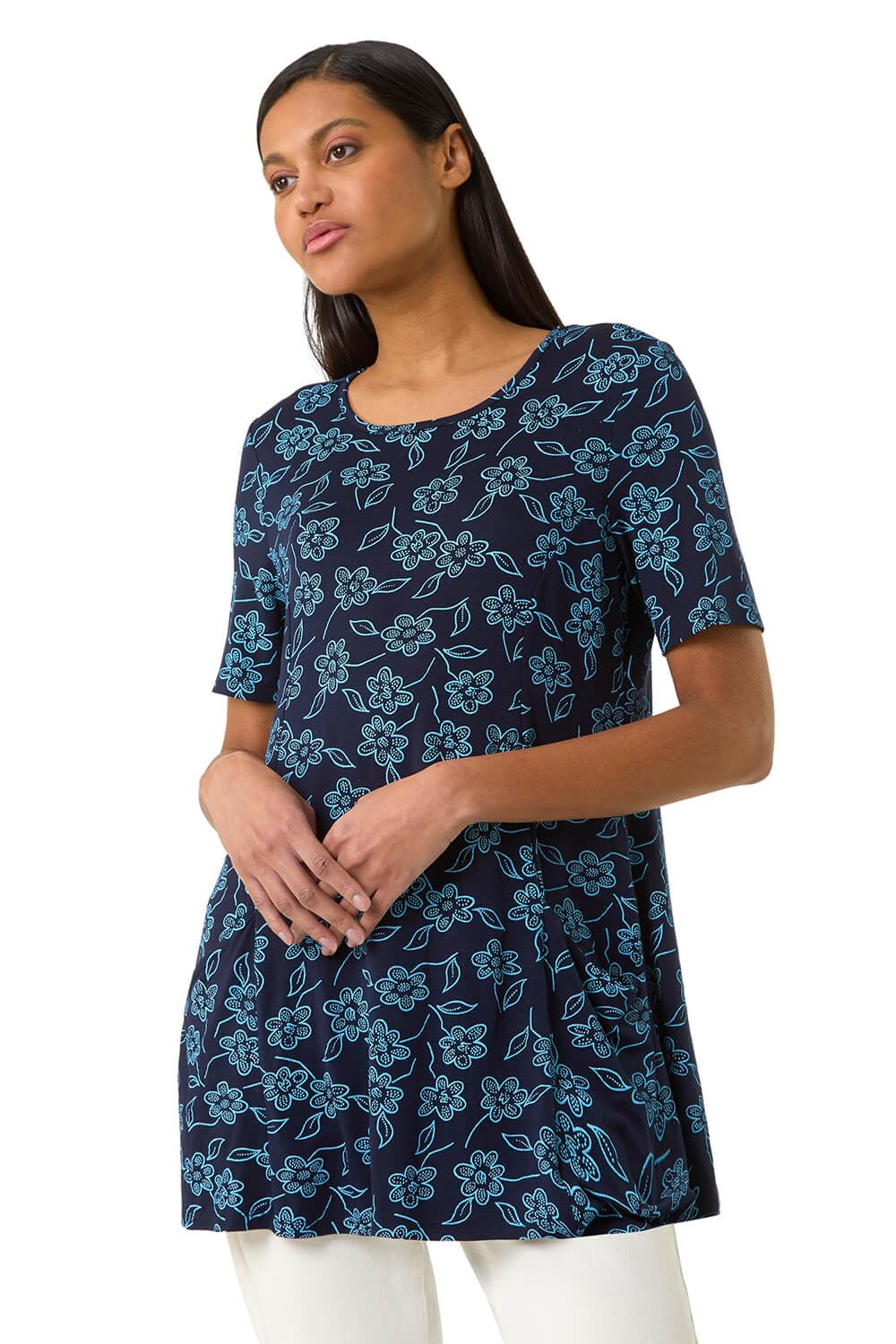 Roman Floral Hanky Hem Pocket Tunic Top - Blue - Size 10