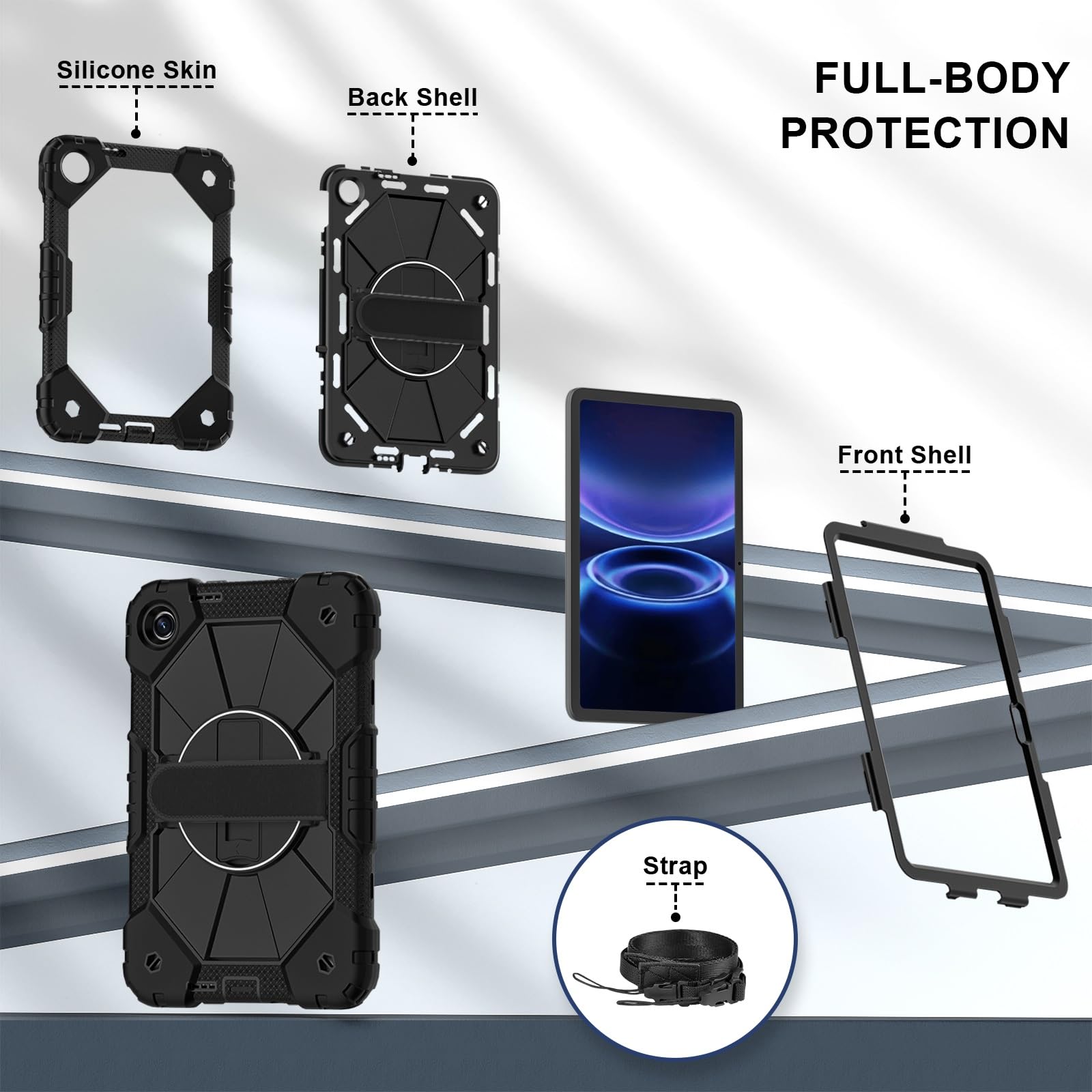 Etui do Xiaomi Redmi Pad 2 SE, 20 cm, odporne na uderzenia, wytrzymałe etui, hybrydowa silikonowa osłona z poliwęglanu z obrotowym o 360°, odporne na zarysowania silikonowe etui PC, regulowane paski