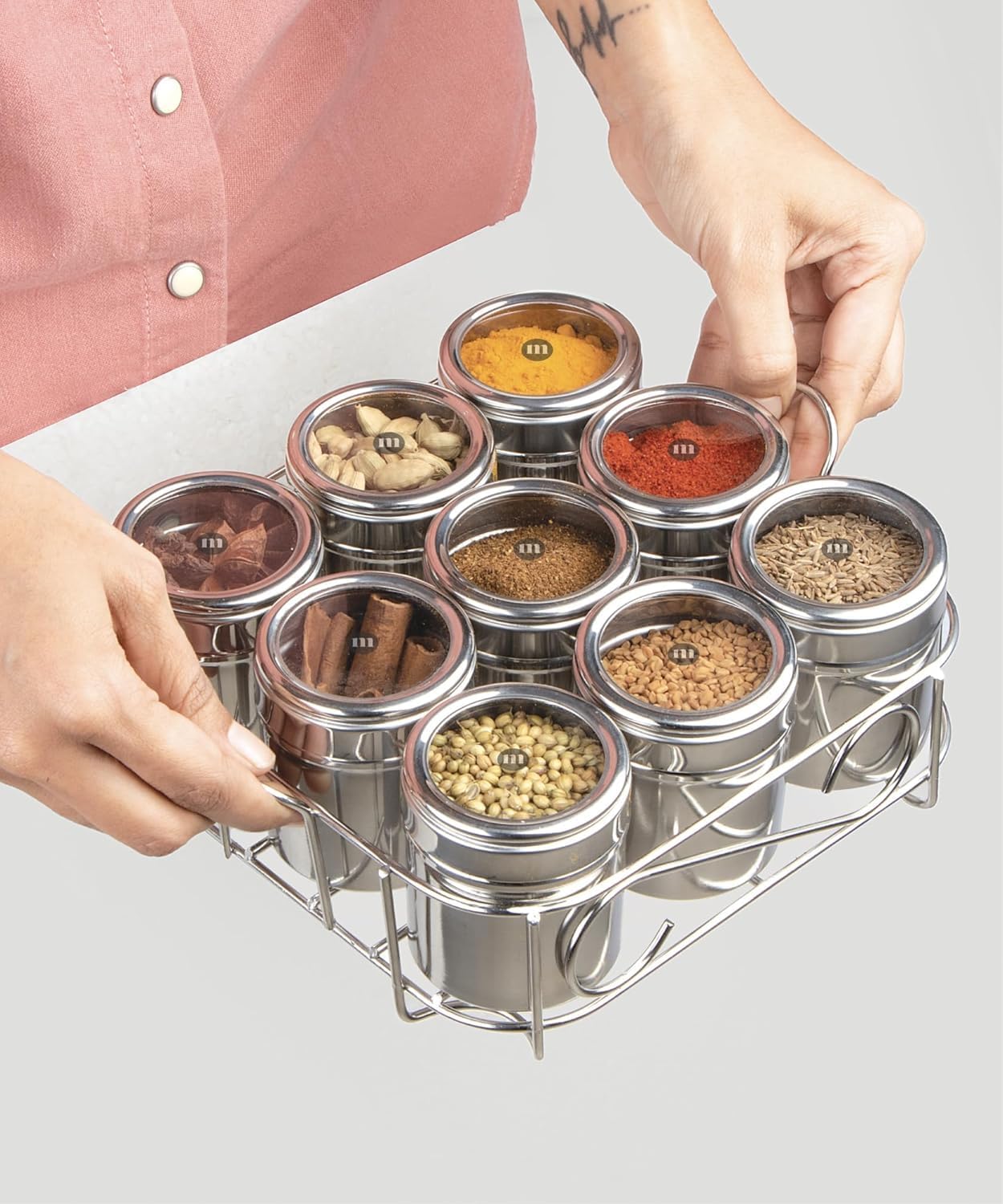MARU 9 IN 1 Square Masala Box for Kitchen Steel - 130ml Each Containers Comes with Push & See Through Lid, Airtight Jars As Multipupose Storage for Spices, Herbs, Mouth Freshner, Dry Fruits & More-image-30