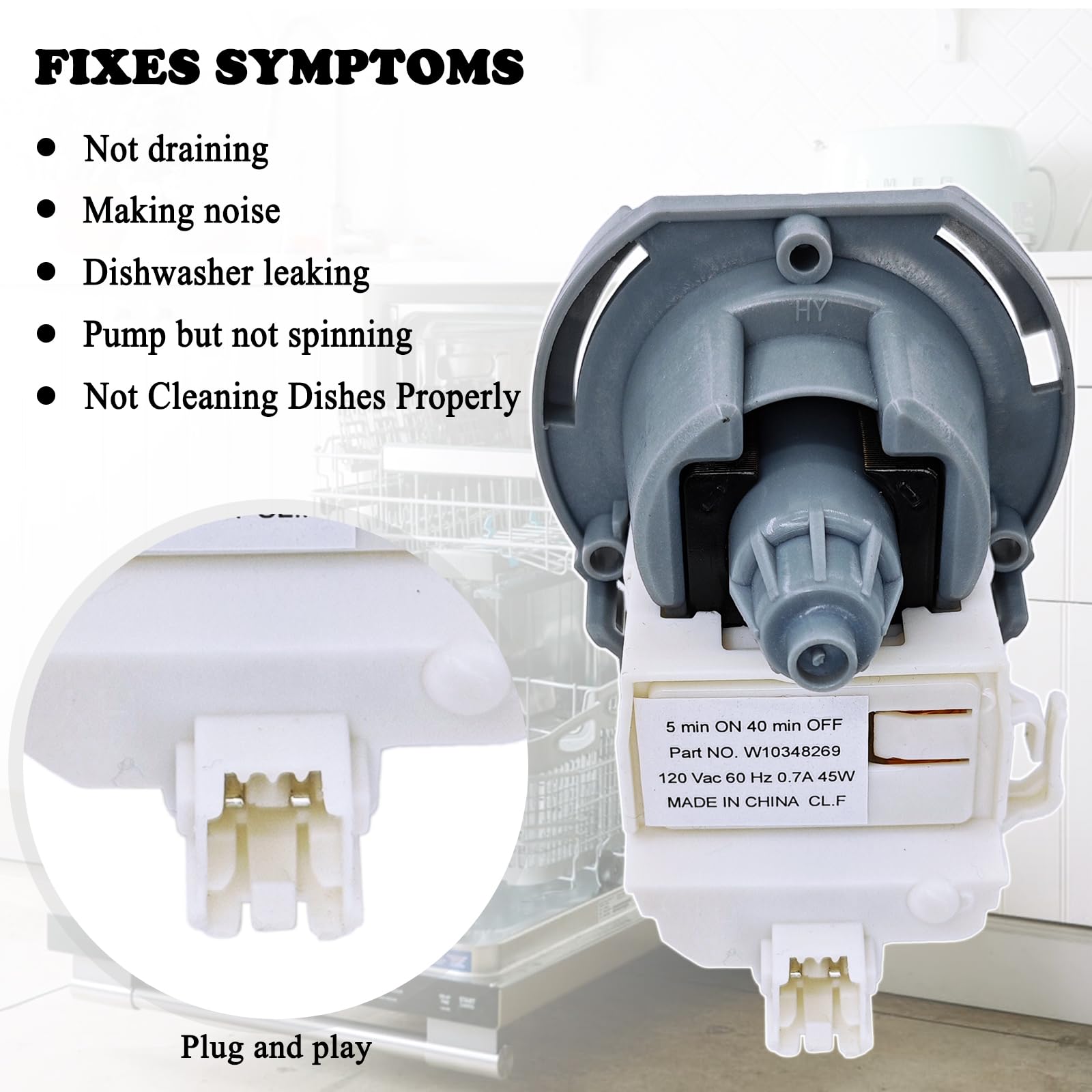 Wdt730pahz0 Parts W10348269 Drain Pump Compatible For Whir-lpool