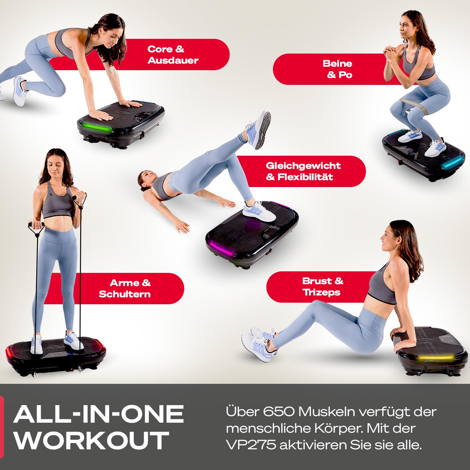 Sportstech VP275 3D Vibrationsplatte für Zuhause mit App-Steuerung, Rüttelplatte für Frauen & Männer, Lymphdrainage, Fettverbrennung & Muskelaufbau, Ganzkörpertraining, LED, Power Ropes, 99 Stufen