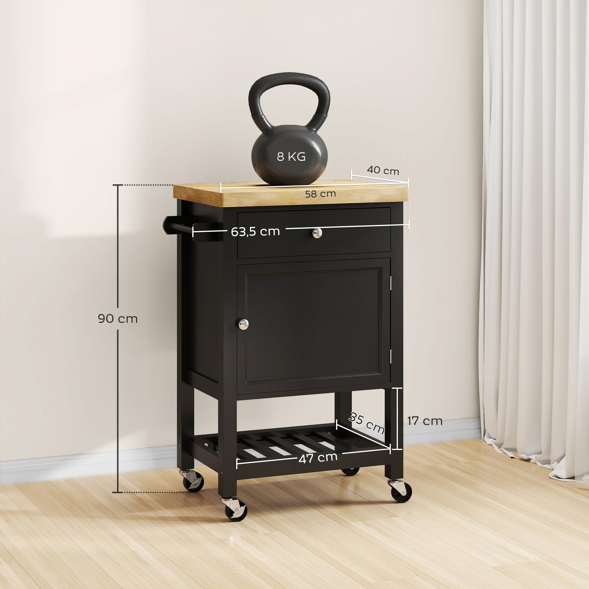 HOMCOM Carro de cocina con ruedas, carro para servir, encimera de madera de caucho, cajón, armario y toallero, carro de cocina y comedor, 63,5 x 40 x 90 cm, negro