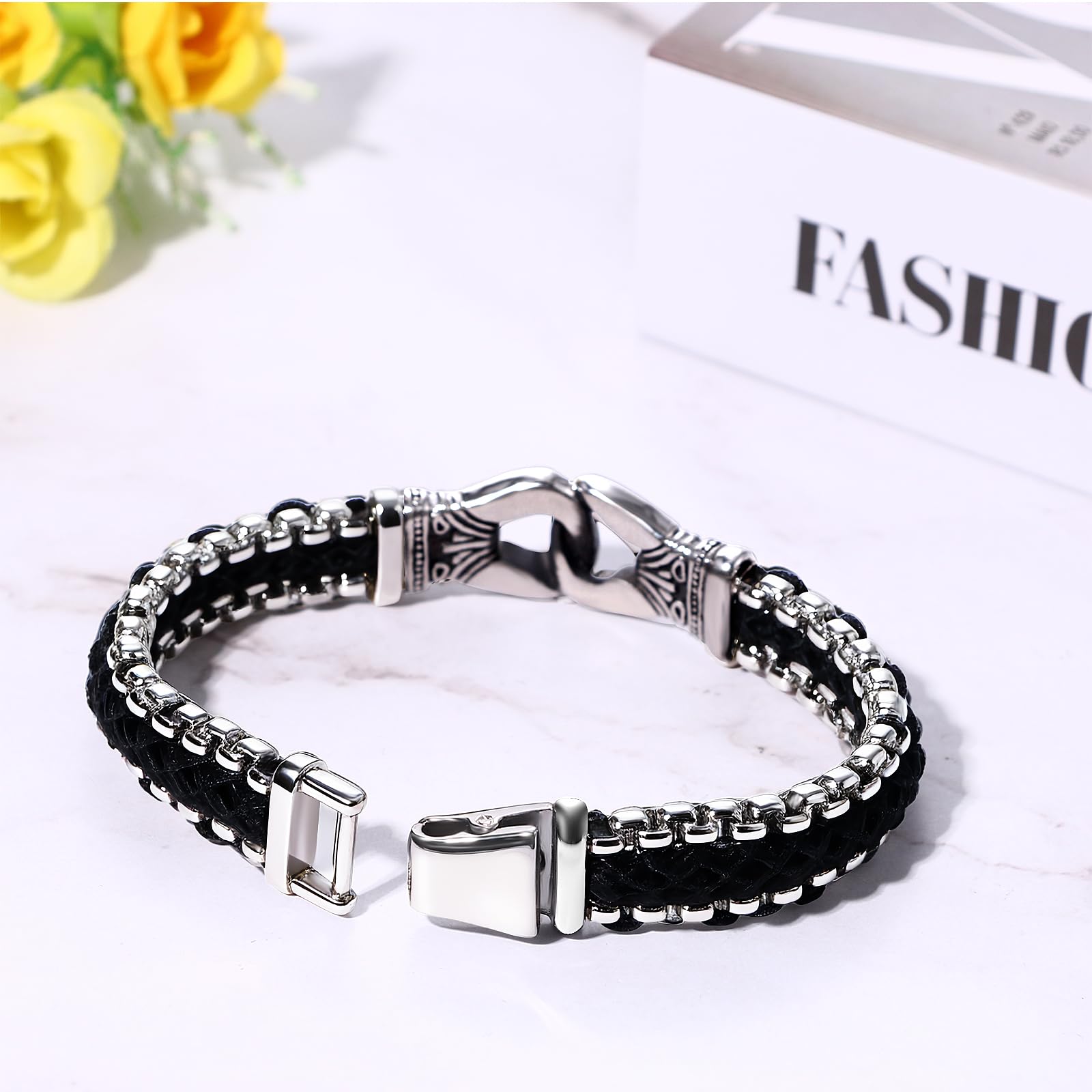 Cupimatch - Pulsera para hombre, piel trenzada, pesada, 316L, acero inoxidable, pulido masculino, clásico, punk plateado, con tarjeta, regalo de cumpleaños, día del padre, Cuero