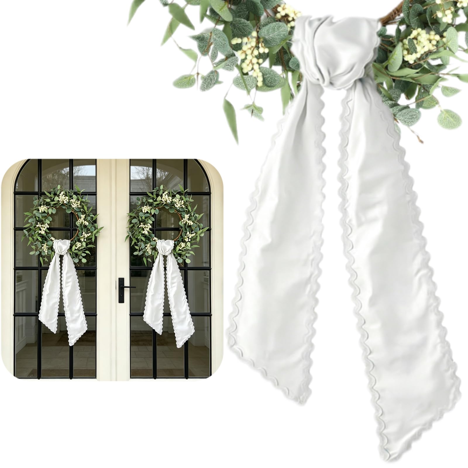 Wreath Sash for Front Door, 2 Pcs White Trim Wreath Accessories for Outdoor Indoor Party Yard Doorway Wall Wedding Decor