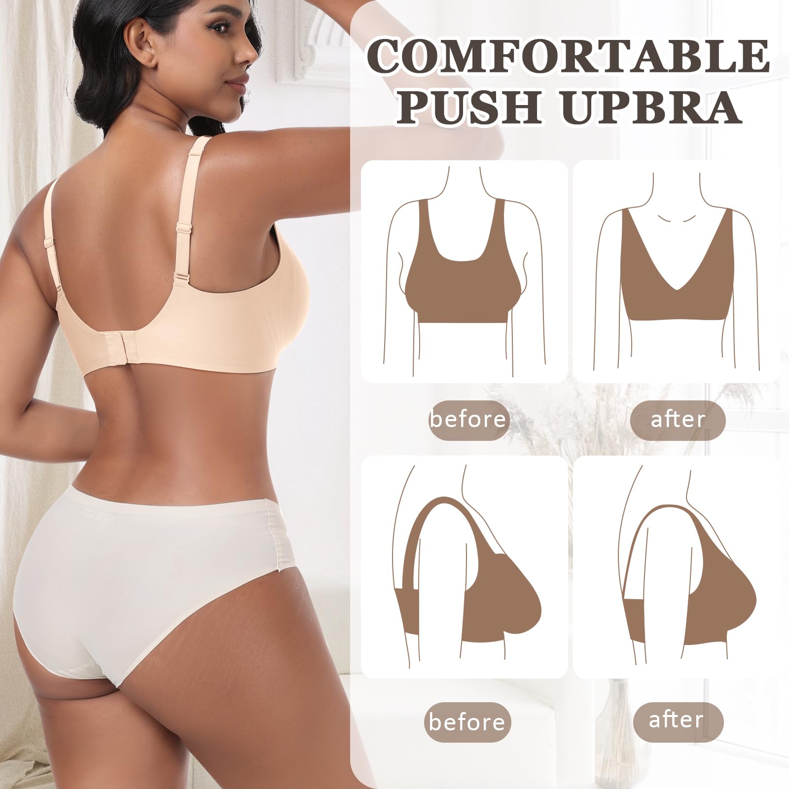 Deep V - Reggiseno senza fili da donna, supporto confortevole, senza cuciture, morbido, imbottito, in gelatina, per seni piccoli e grandi, bralette liscia con estensione extra, nero e beige