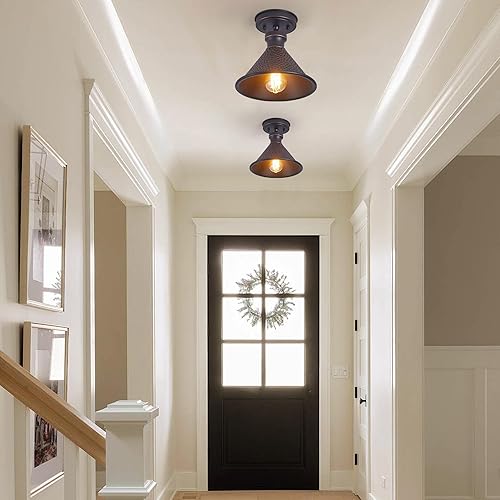 Miniatura 3 de Lámpara de techo industrial semiempotrada de 9.2 pulgadas, pantalla de aluminio fundido con patrón martillado vintage, lámpara clásica E26 de 1 luz,