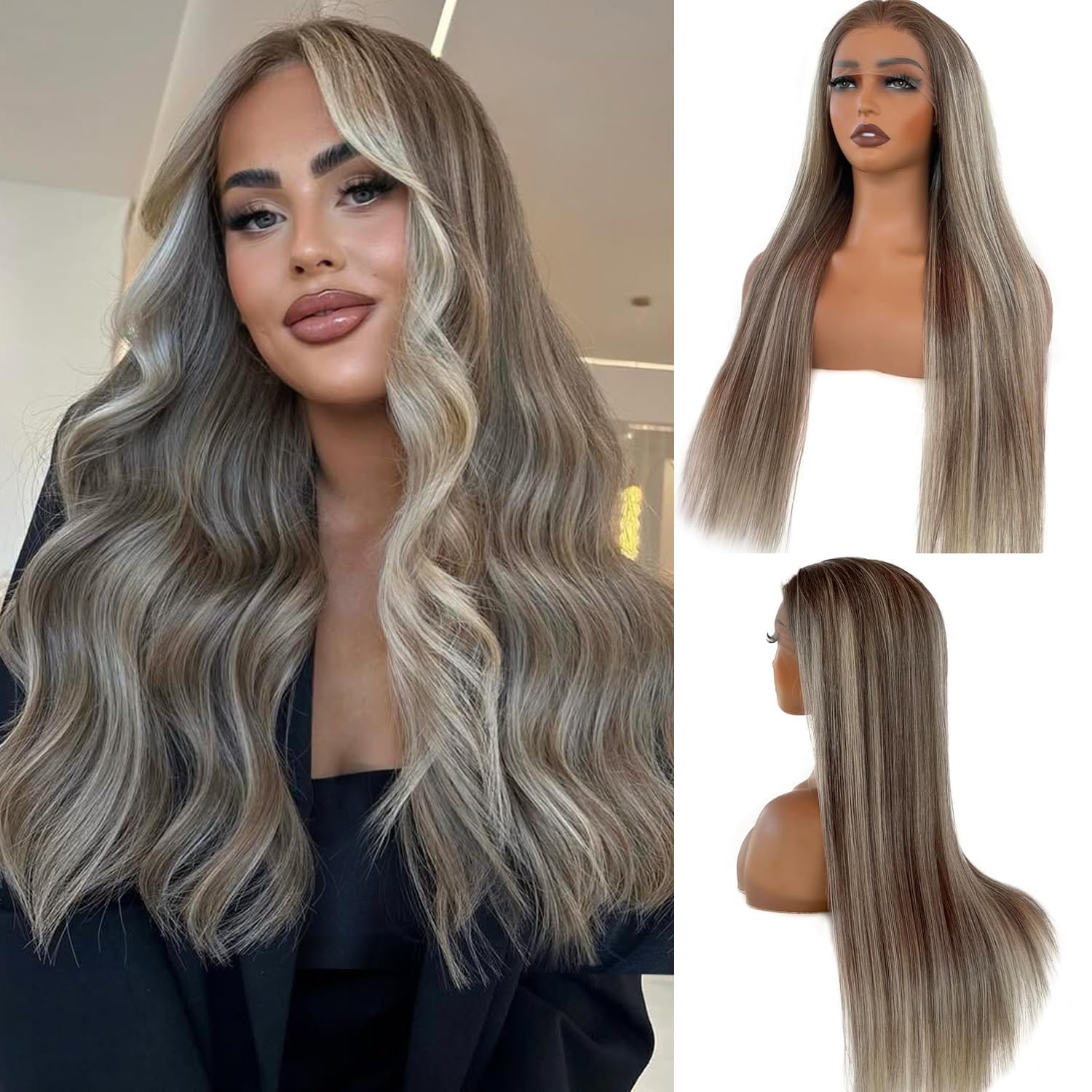 Blonde Highlight Human Hair Wigs 28 Inch for Women Long Straight 13x6 HD Lace Frontal Wig Light Brown and Blonde Balayage Blonde 150% Density Remy