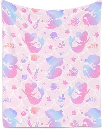 Mermaid Blanket Throws - 50x60 Inches Cute Throw Blanket for Girls - Blue Soft Fuzzy Blankets for Couch & Office