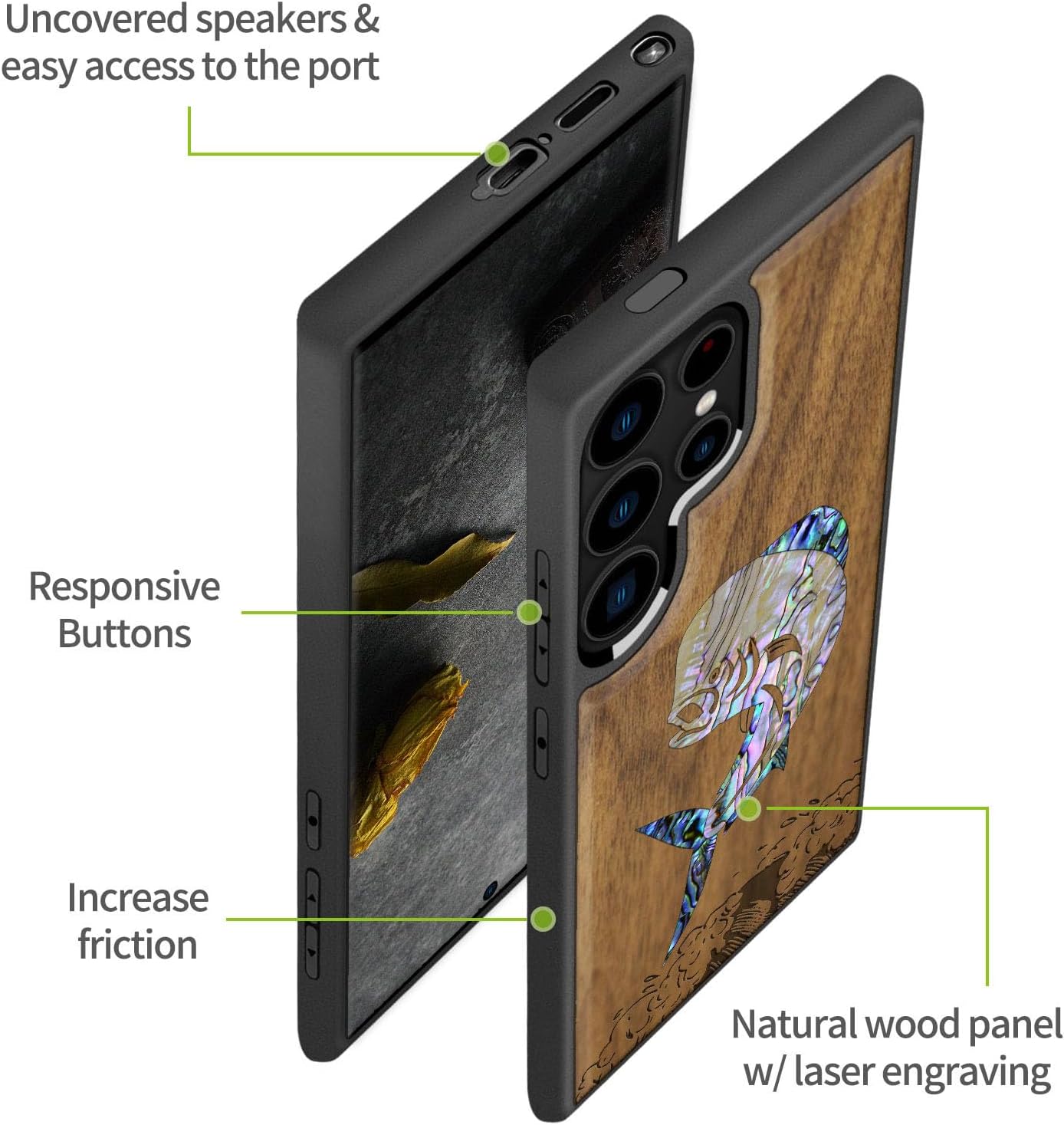 Carveit Designer Wooden Case for Samsung Galaxy S24 Ultra Case [Wood Engraving & Shell Inlay] Compatible with Wireless Chargers S24 Ultra Cover (Mahi Mahi-Walnut)